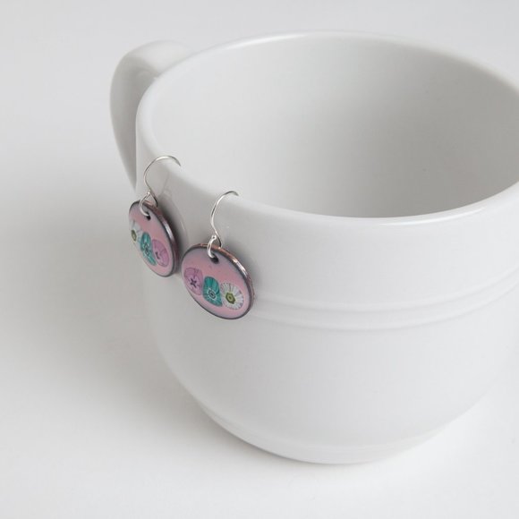 Handmade Copper Enamel Penny Earrings Pierced Dangle Round Boho Rustic - Picture 13 of 15